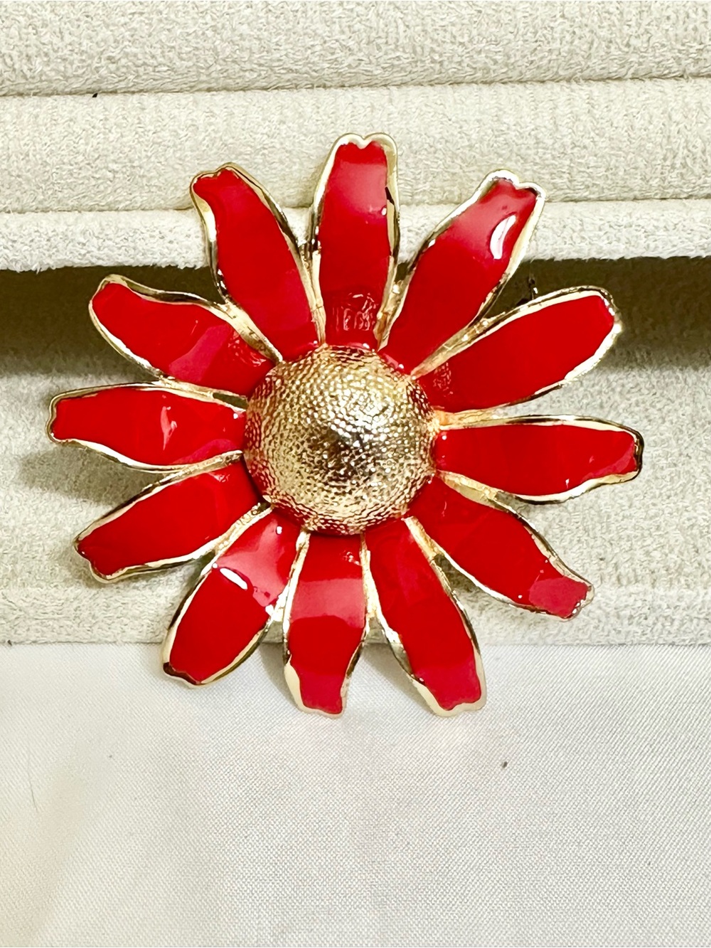 Vintage Red Enamel Flower Brooch